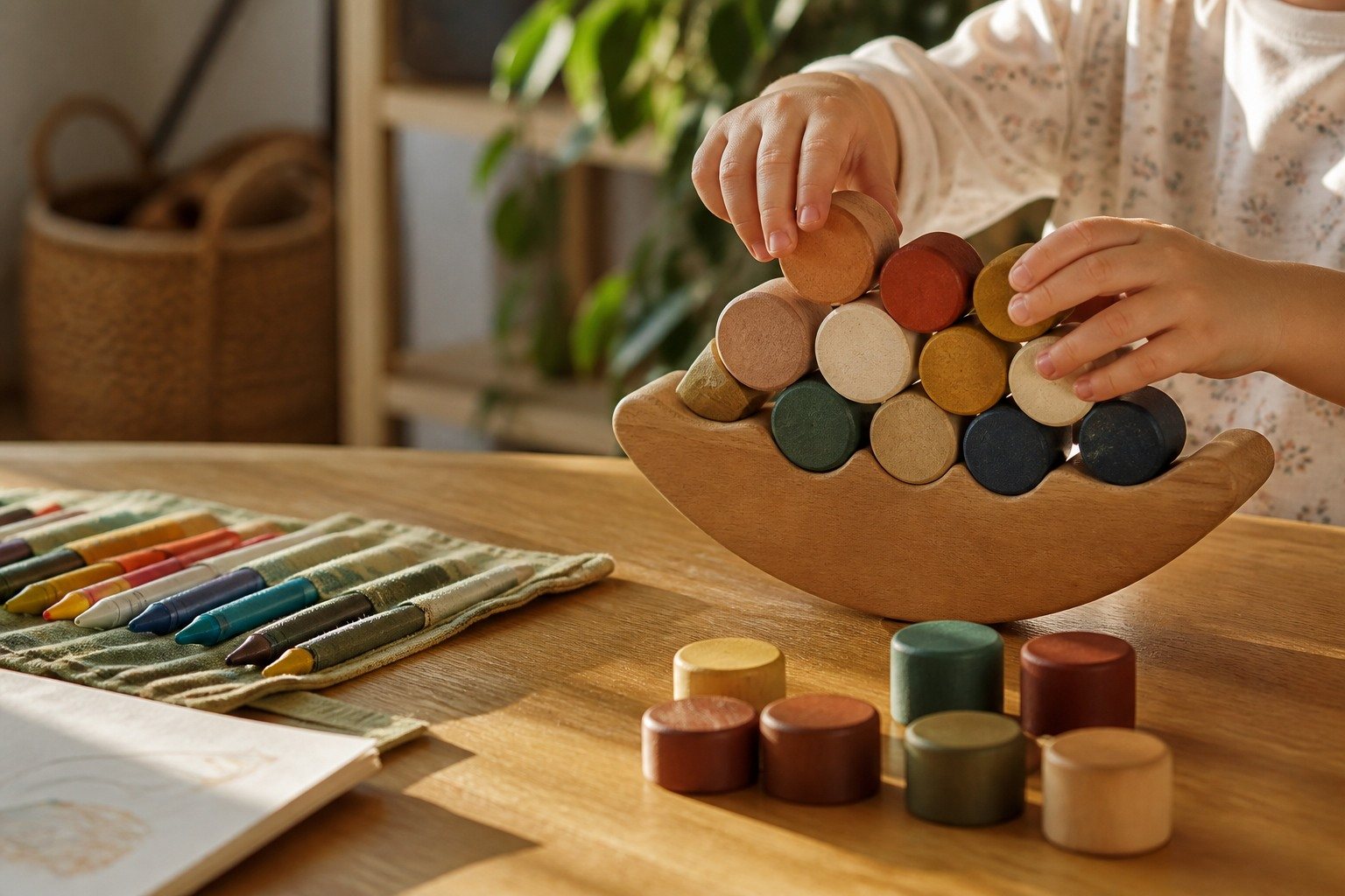 Manos infantiles jugando con piezas de madera y materiales artísticos reutilizables